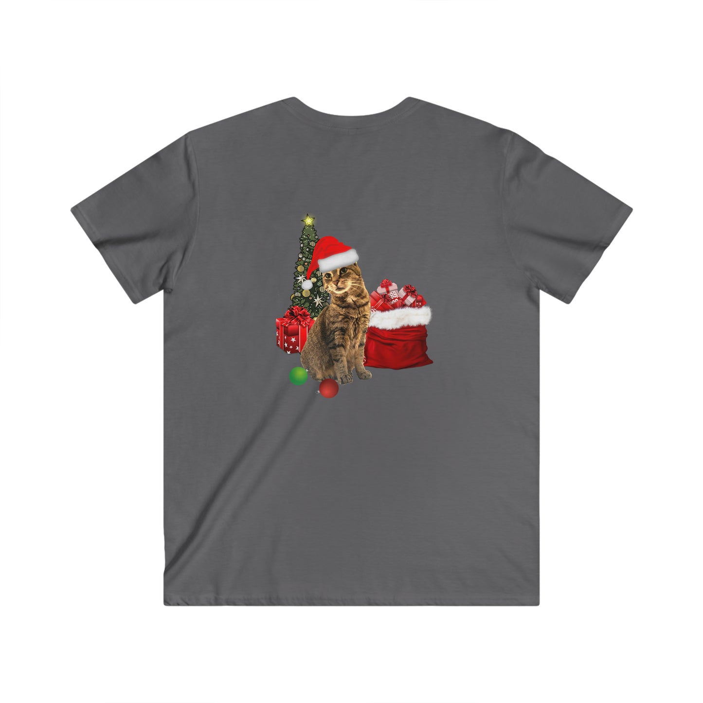 Men's Fitted V-Neck Short Sleeve Tee Christmas Cat Christmas Top