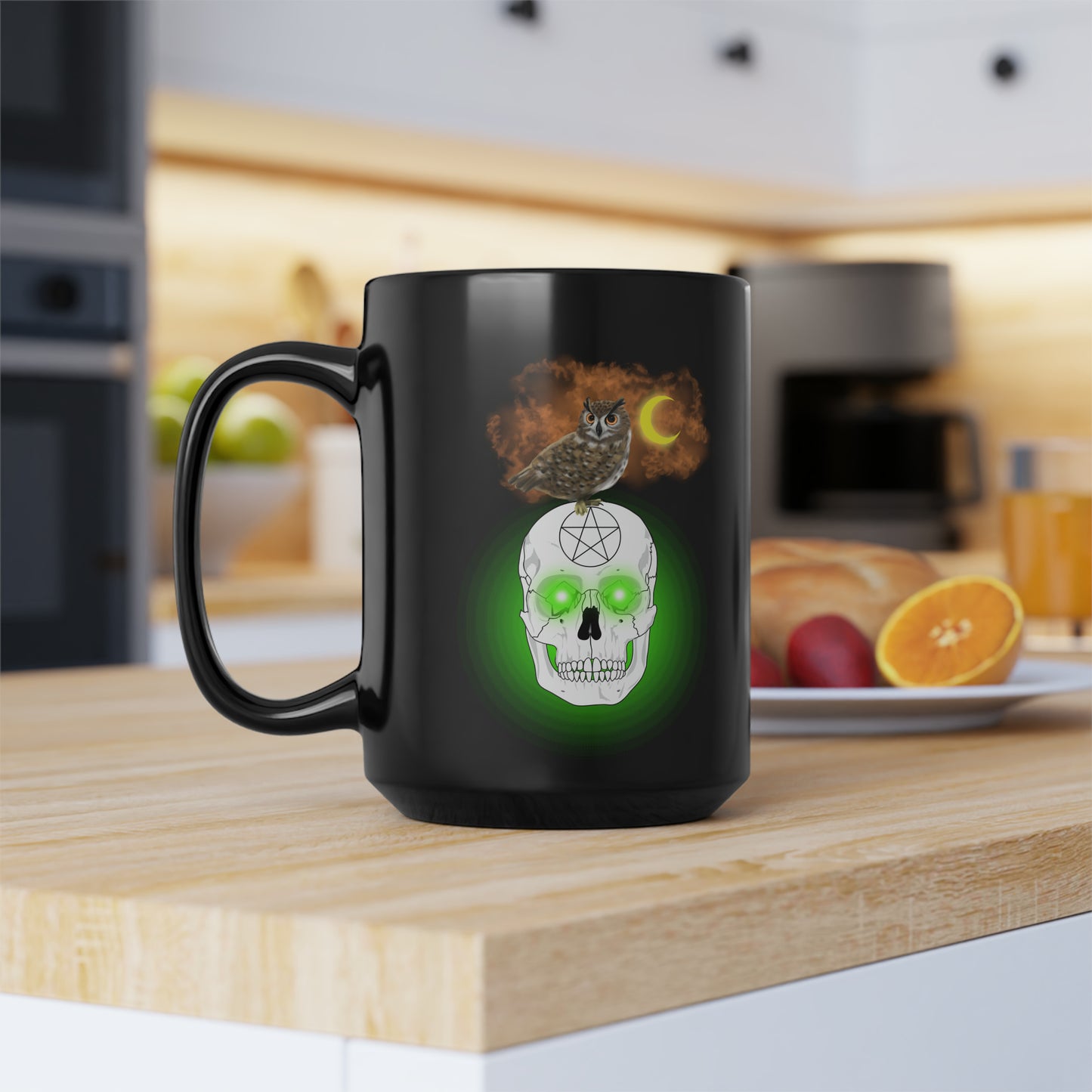 Black Halloween Mug  Owl Skull 15oz