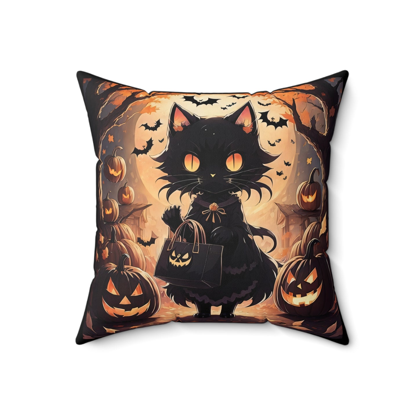 Halloween Anime Cat Spun Polyester Square Pillow