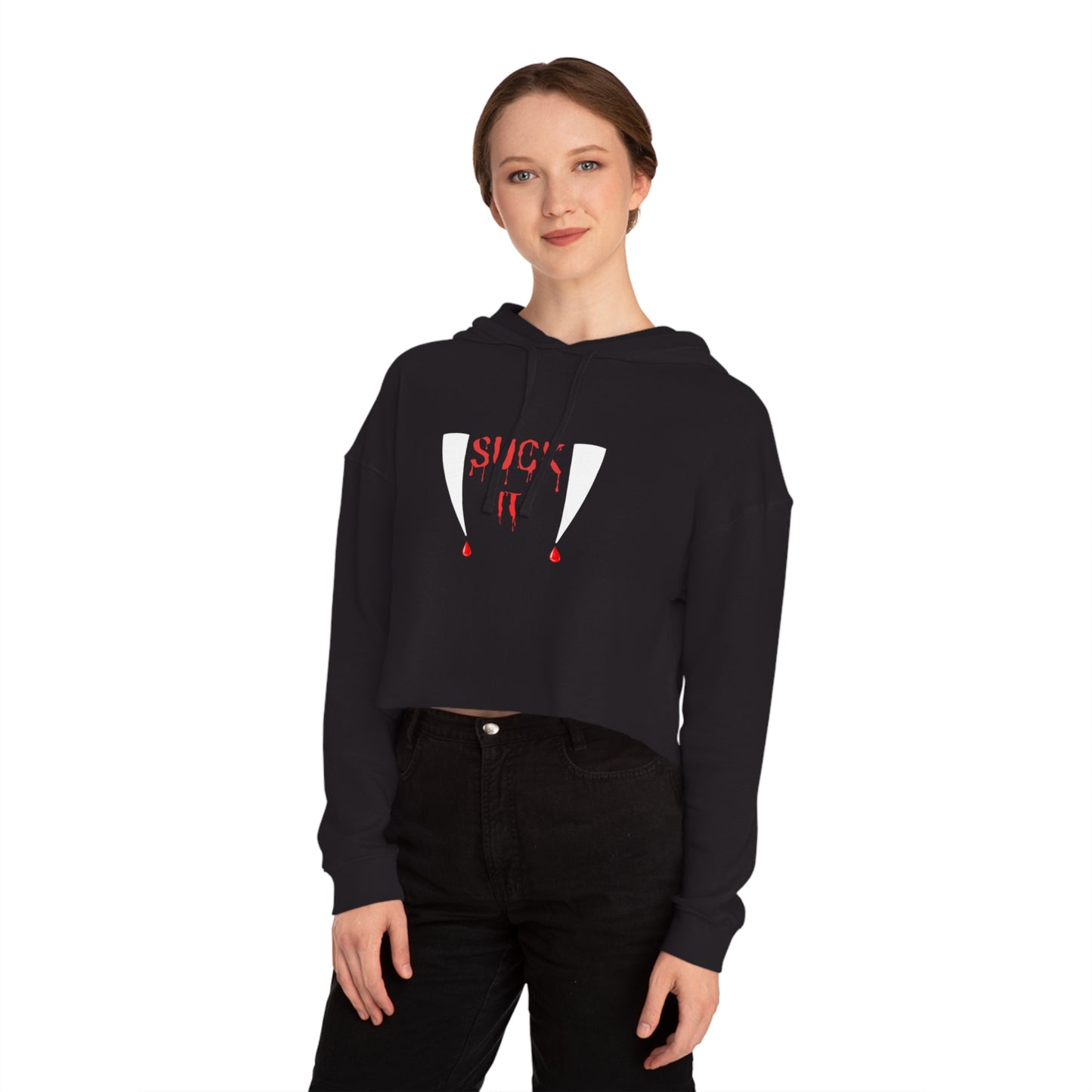 Suck It Halloween Vampire Fangs Womens Cropped Hooded Sweatshirt