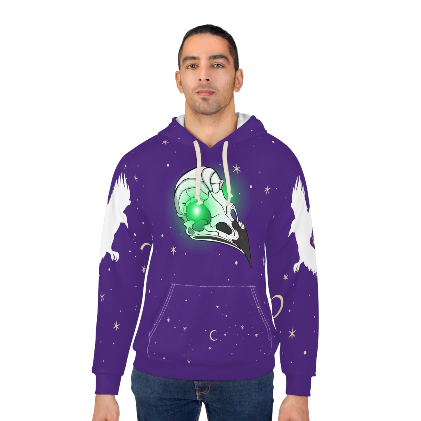 Raven skull with moon and stars Halloween Pullover Hoodie