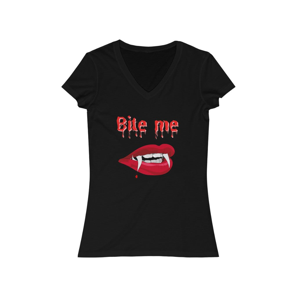 Bite Me Women's Halloween Jersey Short Sleeve V-Neck Tee