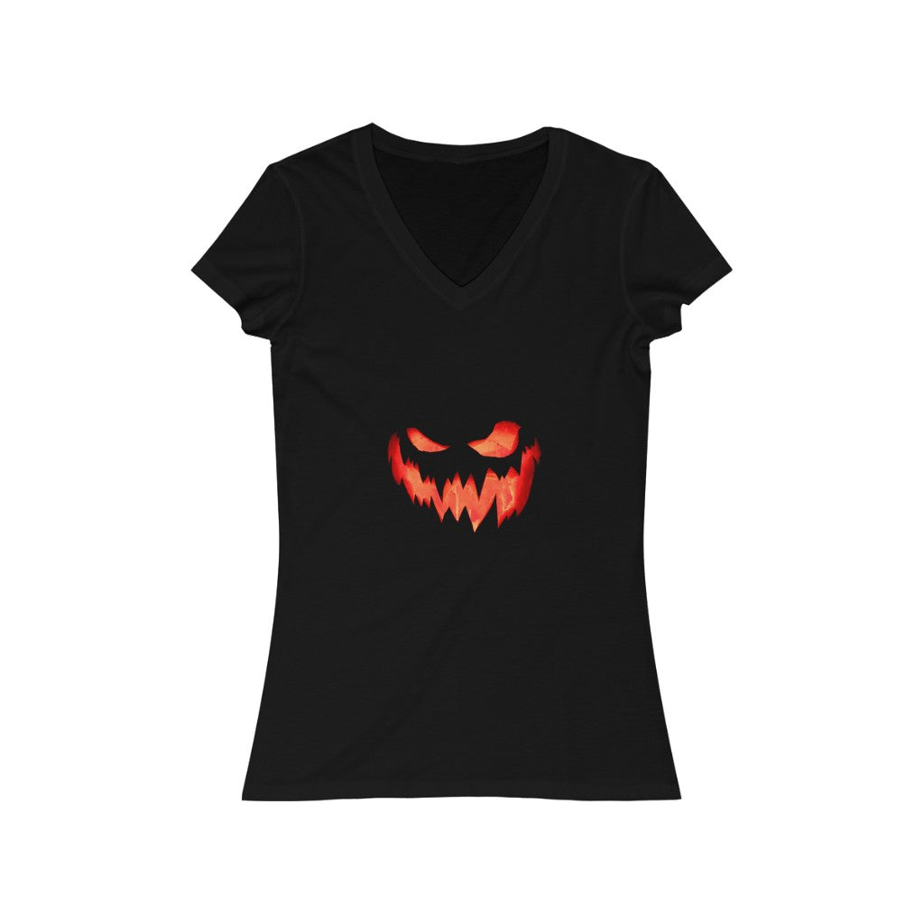 Women's Jersey Short Sleeve V-Neck Tee Spooky Pumpkin Halloween Top