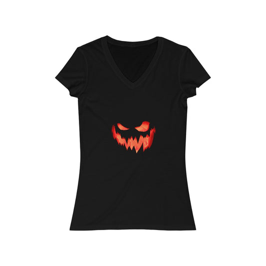 Women's Jersey Short Sleeve V-Neck Tee Spooky Pumpkin Halloween Top